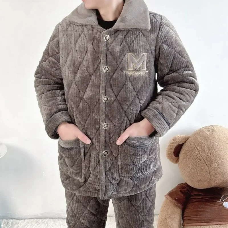 

Men's Winter Pajamas Loungewear Thickened and Velvet Coral Autumn and Winter Three-layer Padded Jacket, Padded Flannel Warm Suit