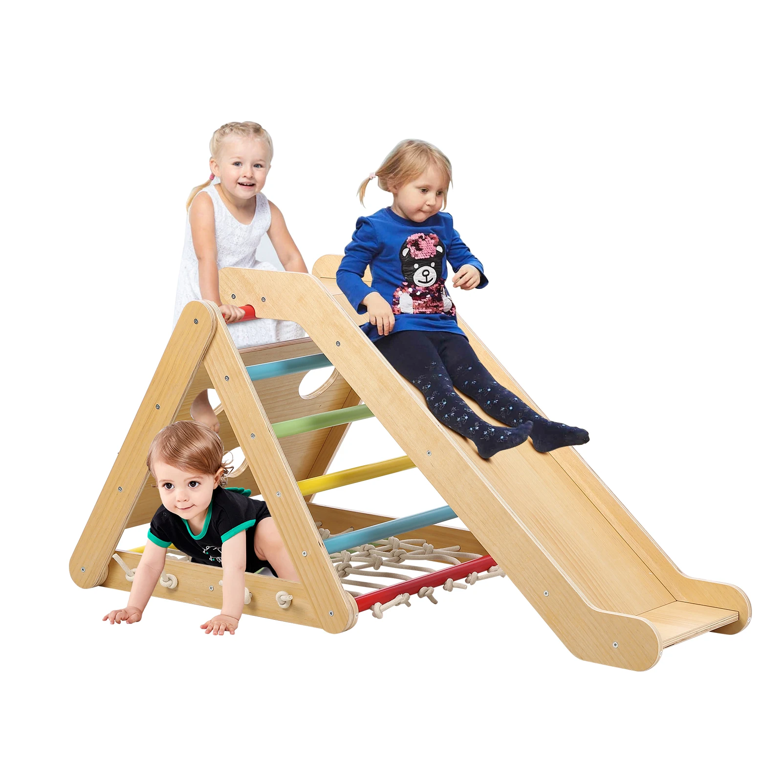 

Toddler Indoor Gym Playset, 2 in 1 Wooden Climbing Toys, 3-Sided Wooden Triangle Climber with Climbing Net,Sliding Ramp Sandbags