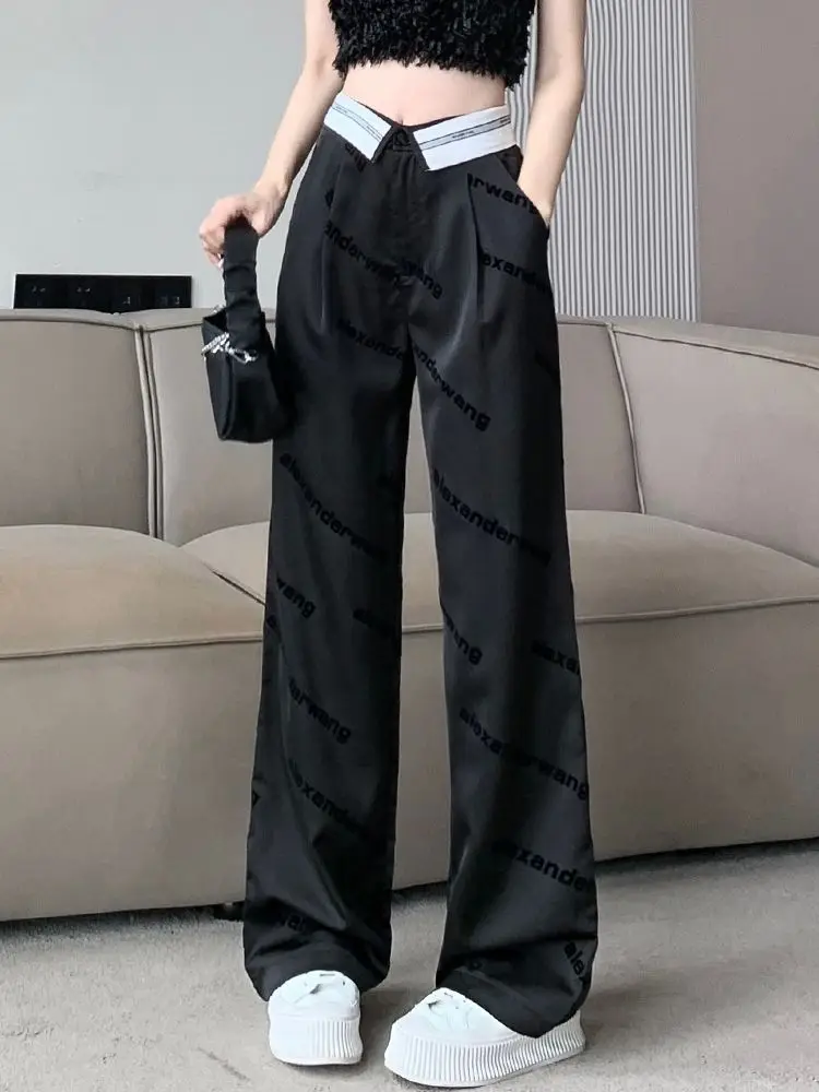 

Satin acetate ice silk wide leg pants for women in summer, high waist, hanging straight leg pants, floor length casual pants