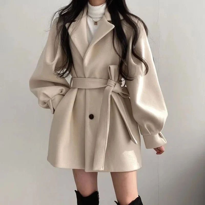 Women Woolen Coat Autumn Winter Elegant Korean Solid Thick Warm Mid Length Lapel Belt Jacket Office Lady Slim Trendy Outwear