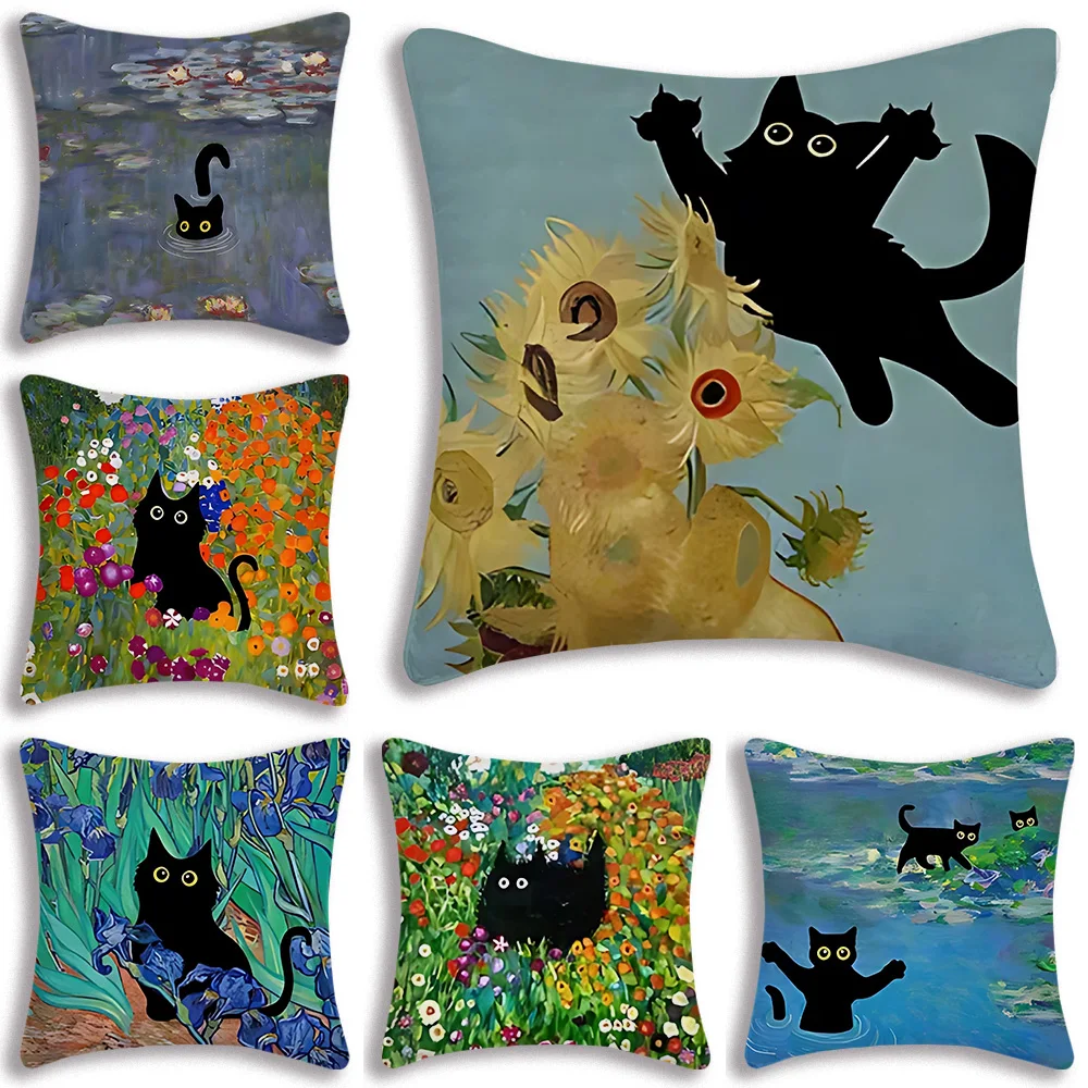 Monet Waterlily Cat Anime Pillow Covers Cartoon Sofa Decorative Home Double-sided Printing Short Plush Cute Cushion Cover