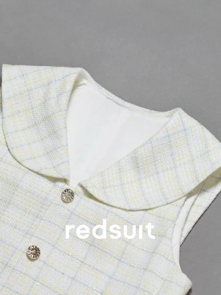 New Exquisite white blue grid lightweight floral vest, fashionable navy collar top Custom size