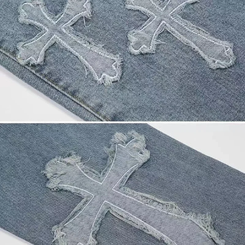 TJ2 Men's Jeans European and American High Street Cross Embroidery Hip-hop Tide Brand Straight Loose Wide-leg Pants Ins Hot Sale