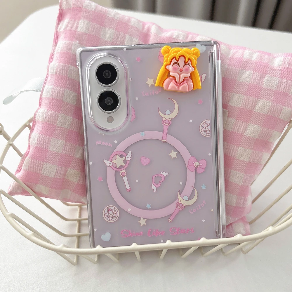 Funda para teléfono con carga inalámbrica y soporte magnético con diseño de varita mágica de Sailor Moon, ideal para Samsung Galaxy Z Fold 8 y 7 Ultra, con cubierta rígida.