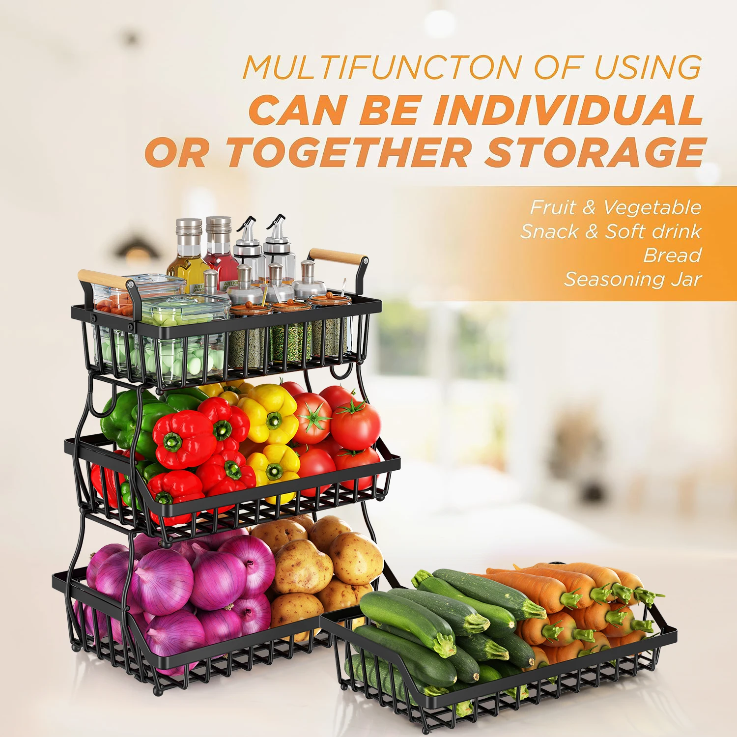 سلة فواكه كونترتوب من 3 طبقات مع خطافين موز، جهاز معدني قابل للإزالة، مقبض خشبي، يمكن أن يحمل الخضار والفواكه، أسود #5