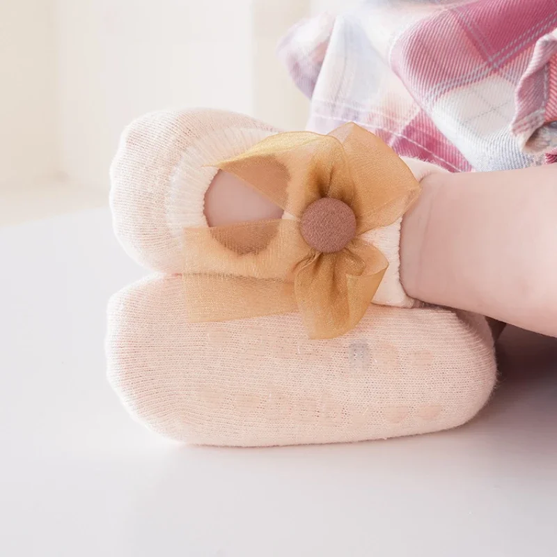 3Pairs Baby Ankle Socks Children Home Floor Shoes  Lace Bow Infant Anti Slip Socks Newborn Girl Princess Pearl Low Cut Socks