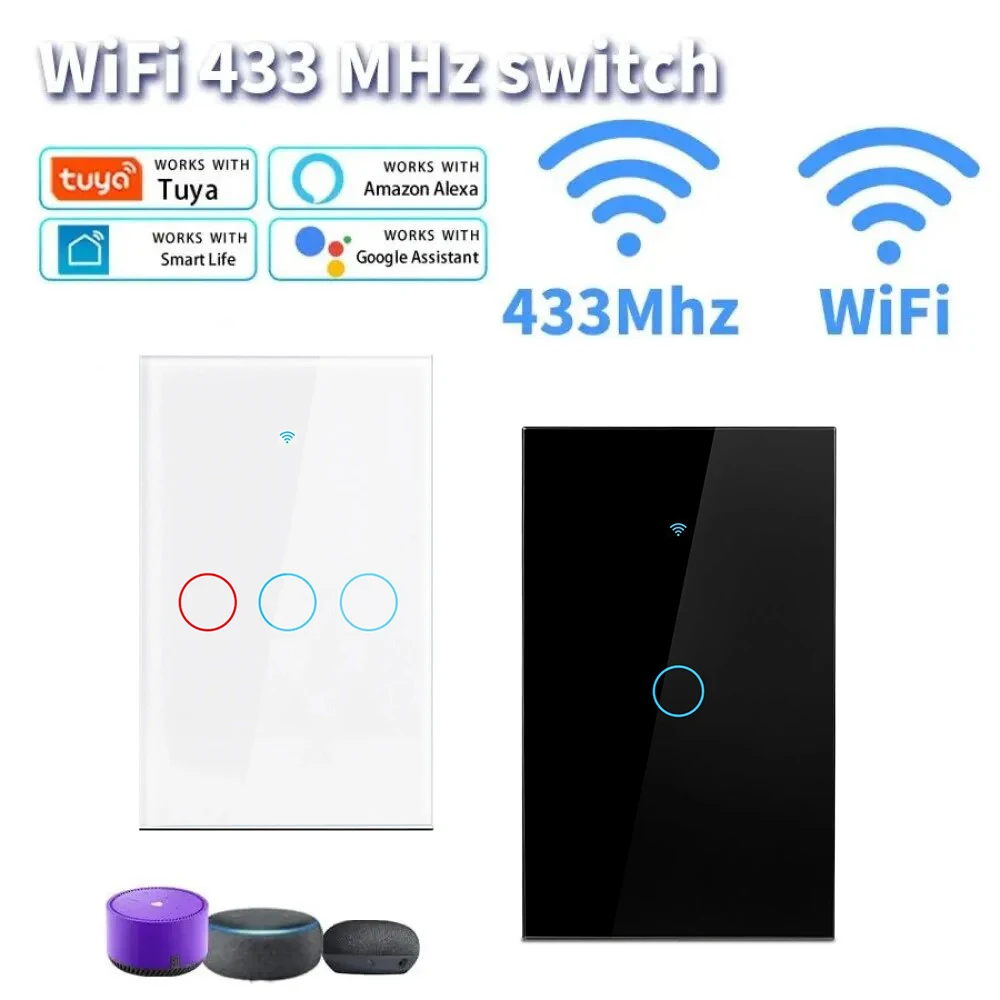 Tuya US WiFi الذكية الجدار التبديل RF433 1/2/3 عصابة لا سلك محايد اللمس الاستشعار مصباح ليد مفاتيح المنزل الذكي أليكسا جوجل المنزل