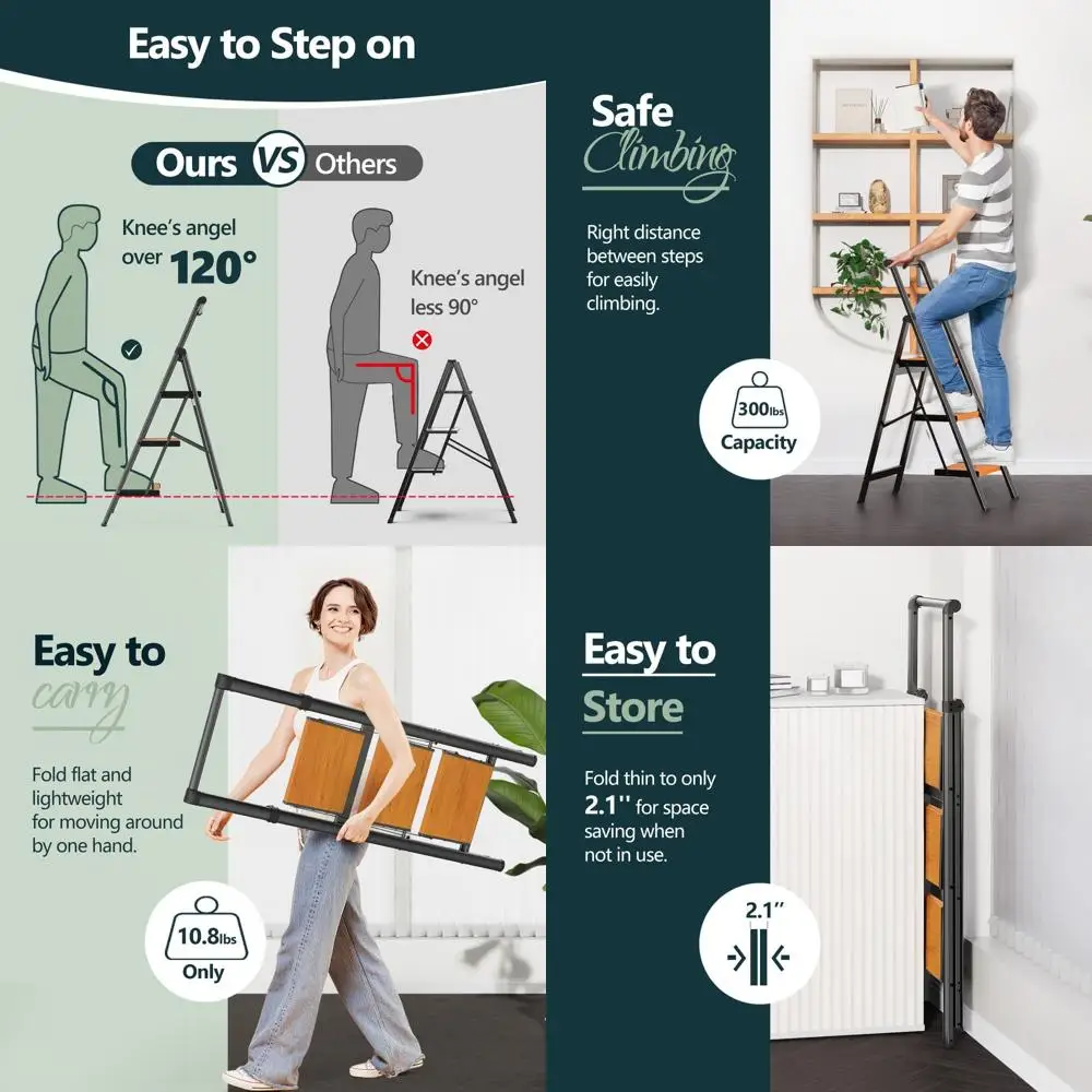 Escalera de 3 Peldaños, Escaleras o para el Hogar, Peldaños Antideslizantes, Taburete Plegable, Ligero para Mover, Fácil de Guardar, Alcance de 8 Pies o para Armario
