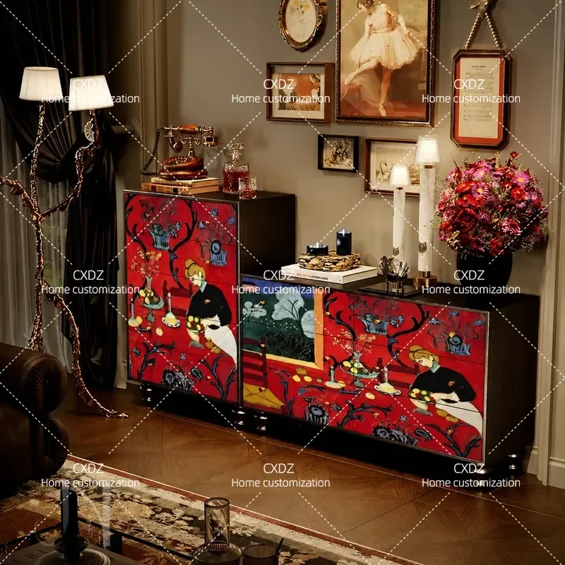 French six-chest cabinet retro picture solid wood multi-functional chest cabinet living room home locker free installation