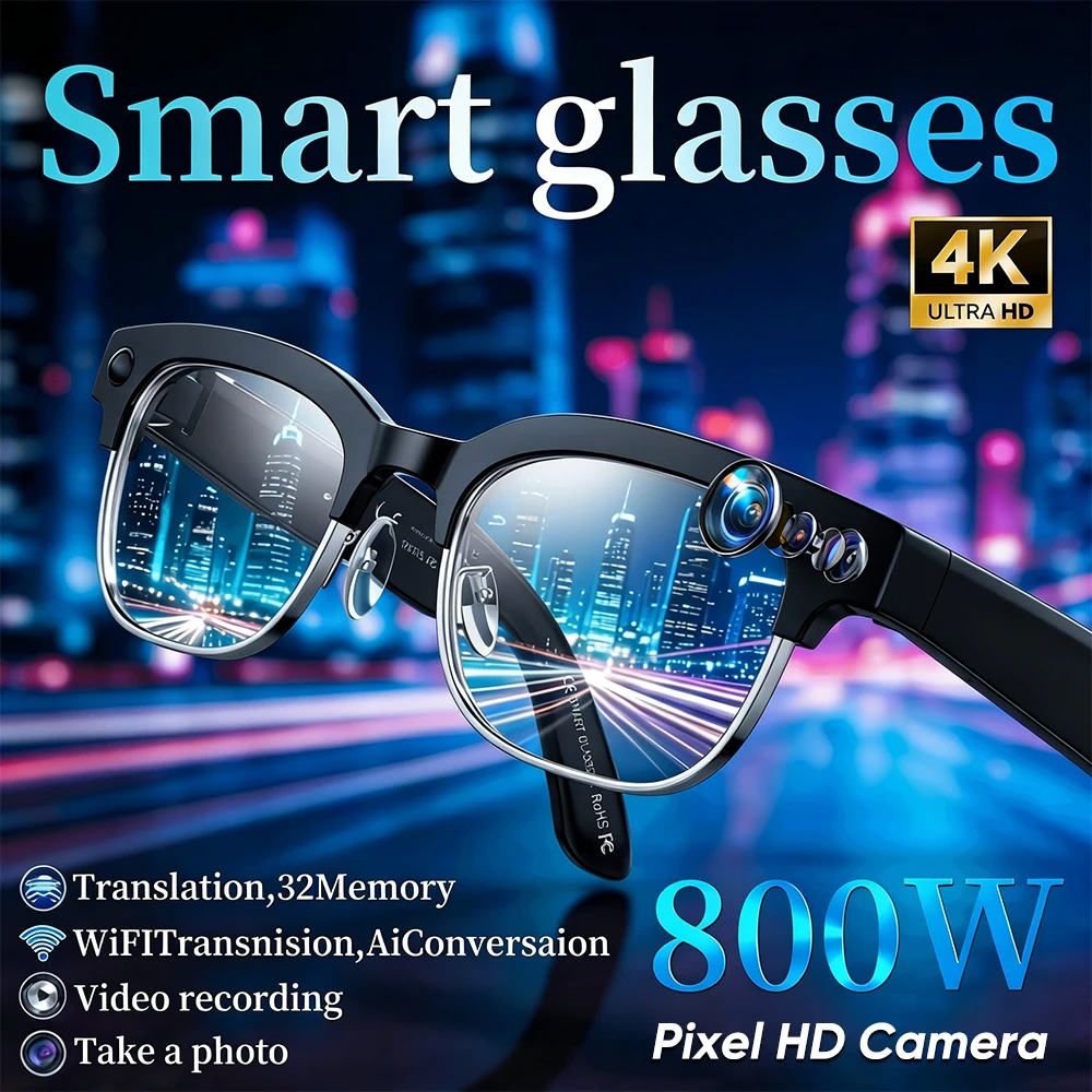 

Умные очки с камерой 4K Ultra HD 800W Pixel, ИИ-переводом, Wi-Fi и записью видео, 32 ГБ памяти, для мужчин и женщин