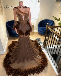 Attractive Brown One Shoulder Long Sleeve Prom Dress Beaded Rhinestone Feather Black Girls 2024 Birthday Luxury Dress Customized