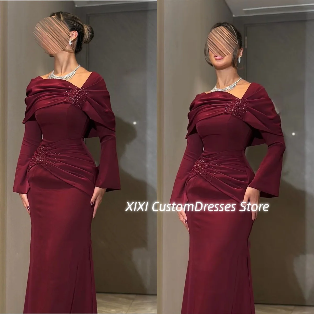 

Customize فساتين سهرات Mermaid Square Neckline Floor-Length Dresses For Prom Beadings Long Sleeves Zipper Up Dresses For Special