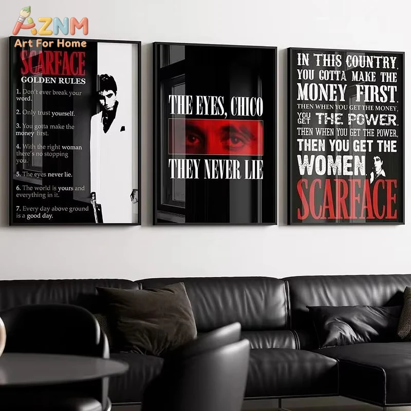AZNM Scarface Canvas Wall Art Classic Movie Tony Montana Quotes Poster Black White Red Gangster Aesthetic Modern Home Decor Unfr