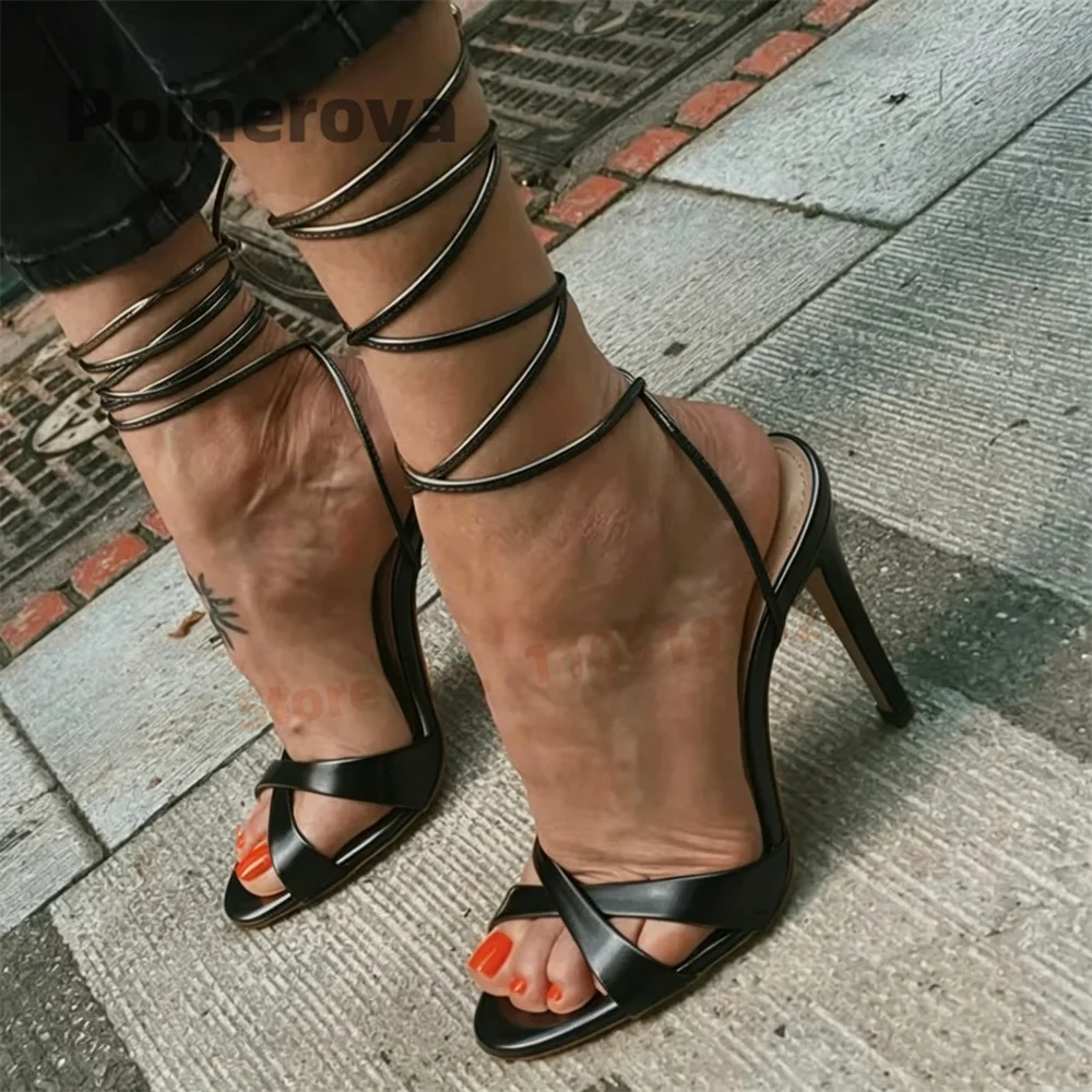 Black Cross Strap Matte Leather Sandals for Women Elegant Lace Up Thin High Heels Summer Shoes Ladies Strappy Open Toe Shoes