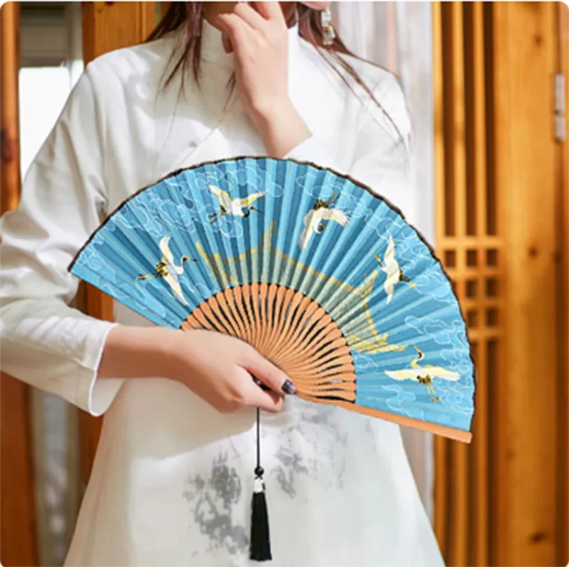 

Chinese Fan Creative Crane Printed Folding Fan Household Products Summer Portable Hand Small Fan Personalized Wedding Gift