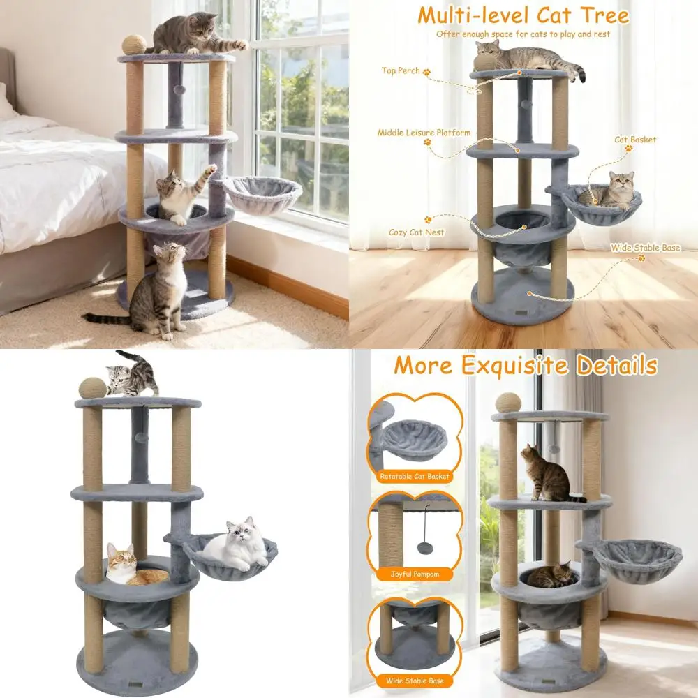 

47 High Cat Tree with Jute Scratching, Nest, Rotating Basket, Dangling Ball, and Top Scratcher for Indoor Play and Rest