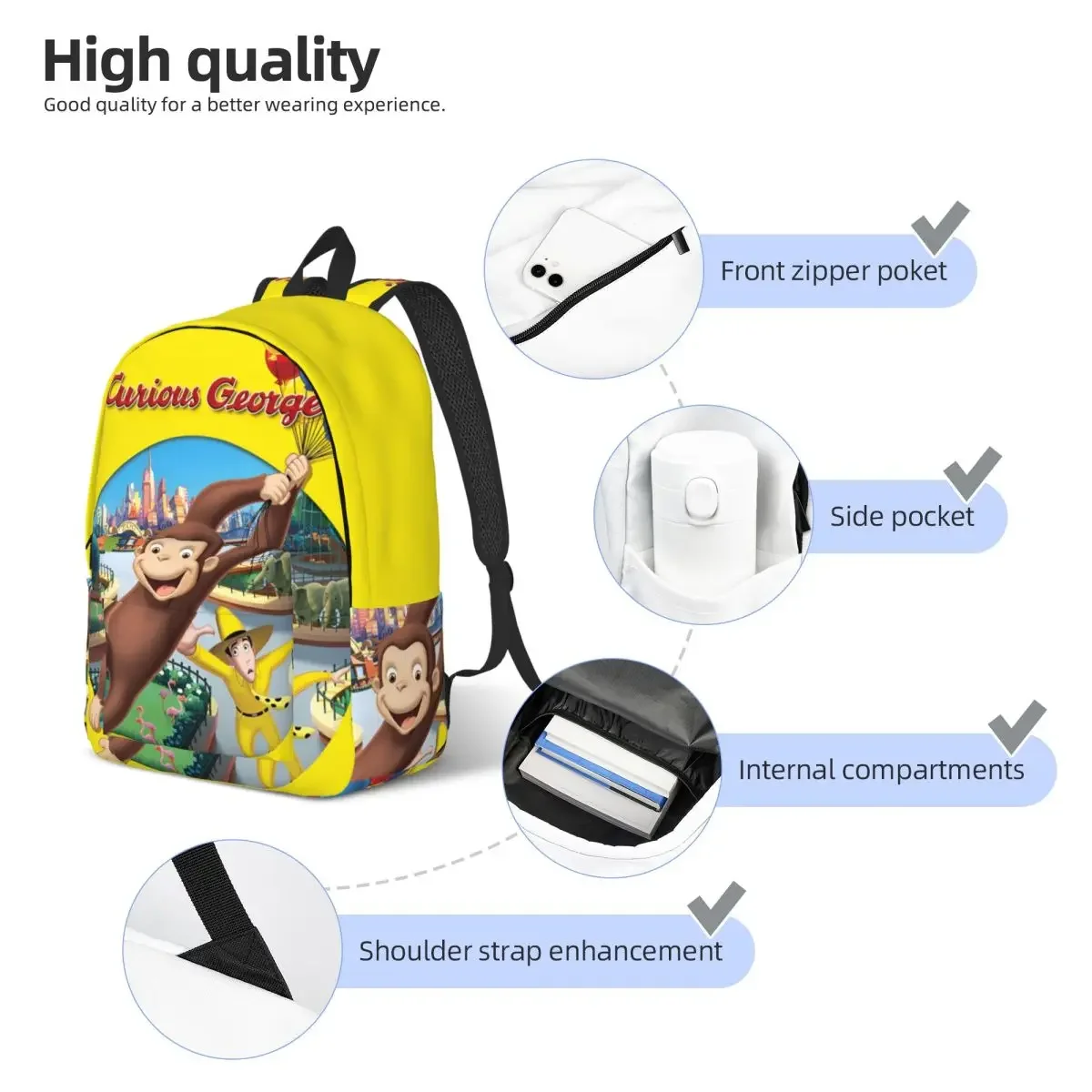 Curioso george macaco dos desenhos animados mochila para homens mulheres legal estudante trabalho daypack série de tv computador portátil sacos lona com bolso