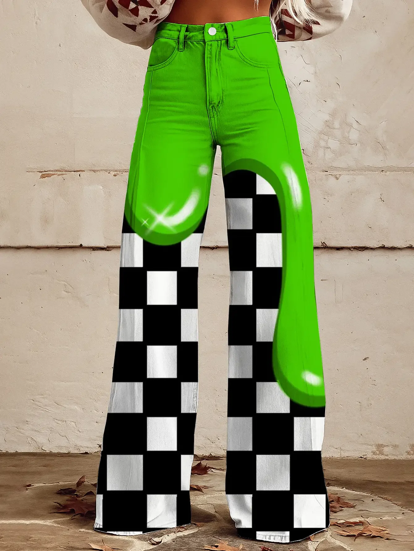  Casual jeans with a variety of colorful western prints, loose wide leg design, Fluorescent dark style pants