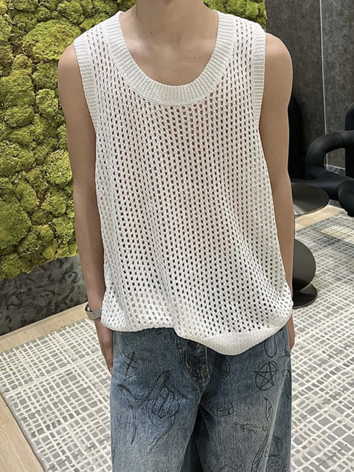 

Tagkita Men's Hollow out Knitted Vest Sleeveless Summer Casual round Neck Loose Fit Breathable Fashion Design Tank Top