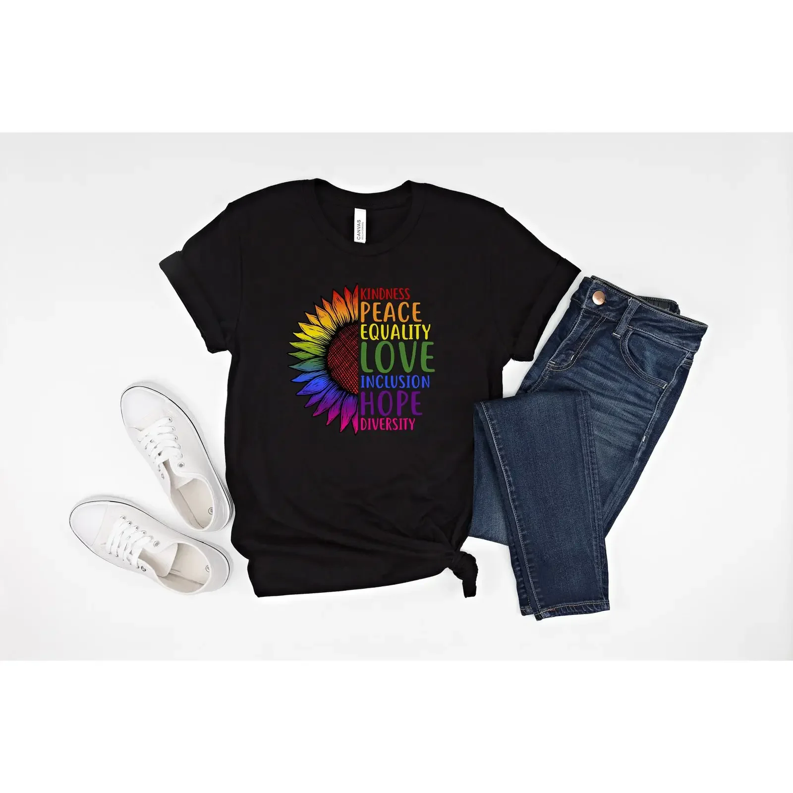 Rainbow Sunflower Pride T Shirt Kindness Peace Equality Love Hope Diversity Equal Rights Be Kind LGBTQ Casual vintage Washed