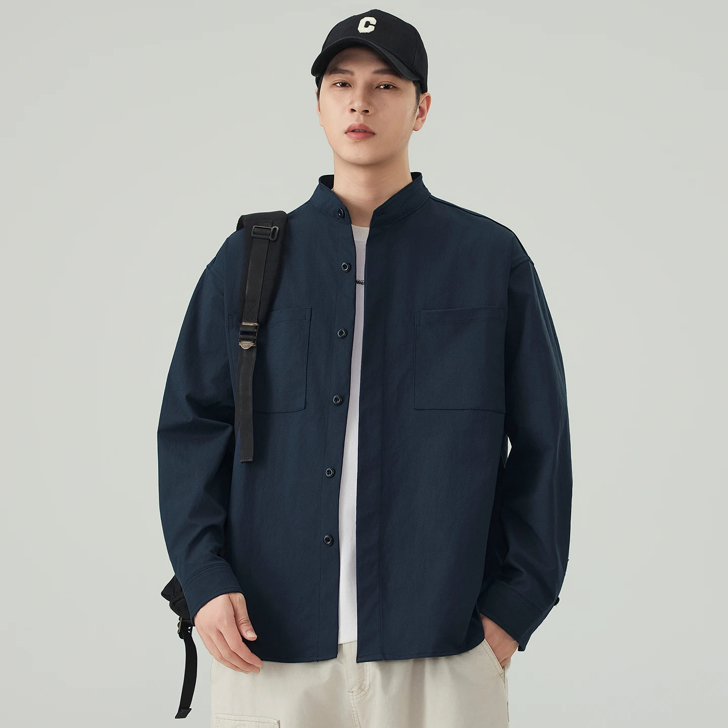 Autumn Stand Collar Commute Shirt Men Japanese Retro Fashion Streetwear Loose Casual Long Sleeve Plus Size Shirts Blouses Tops