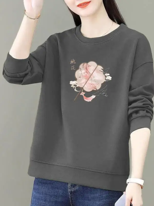 

Loose Fit Pure Cotton Women's Hoodie Autumn Winter Grey Long Sleeve Casual Versatile Retro Style Comfortable Soft Cotton Top