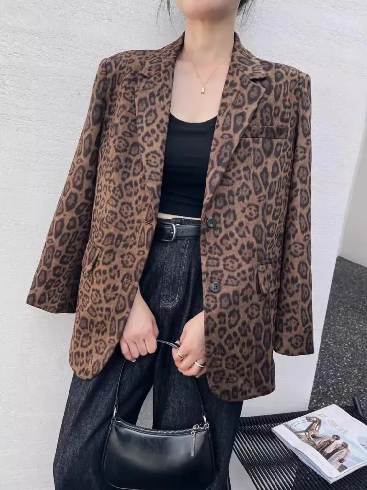 Retro Medium To Long Leopard Print Suit Jacket For Women, 2024 Autumn And Winter New Style, High-End And Stylish Top