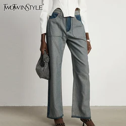 TWOTWINSTYLE Hit Color Patchwork Pockets Jeans For Women High Waist Spliced Button Casual Vintage Demin Pant Female Fashion New