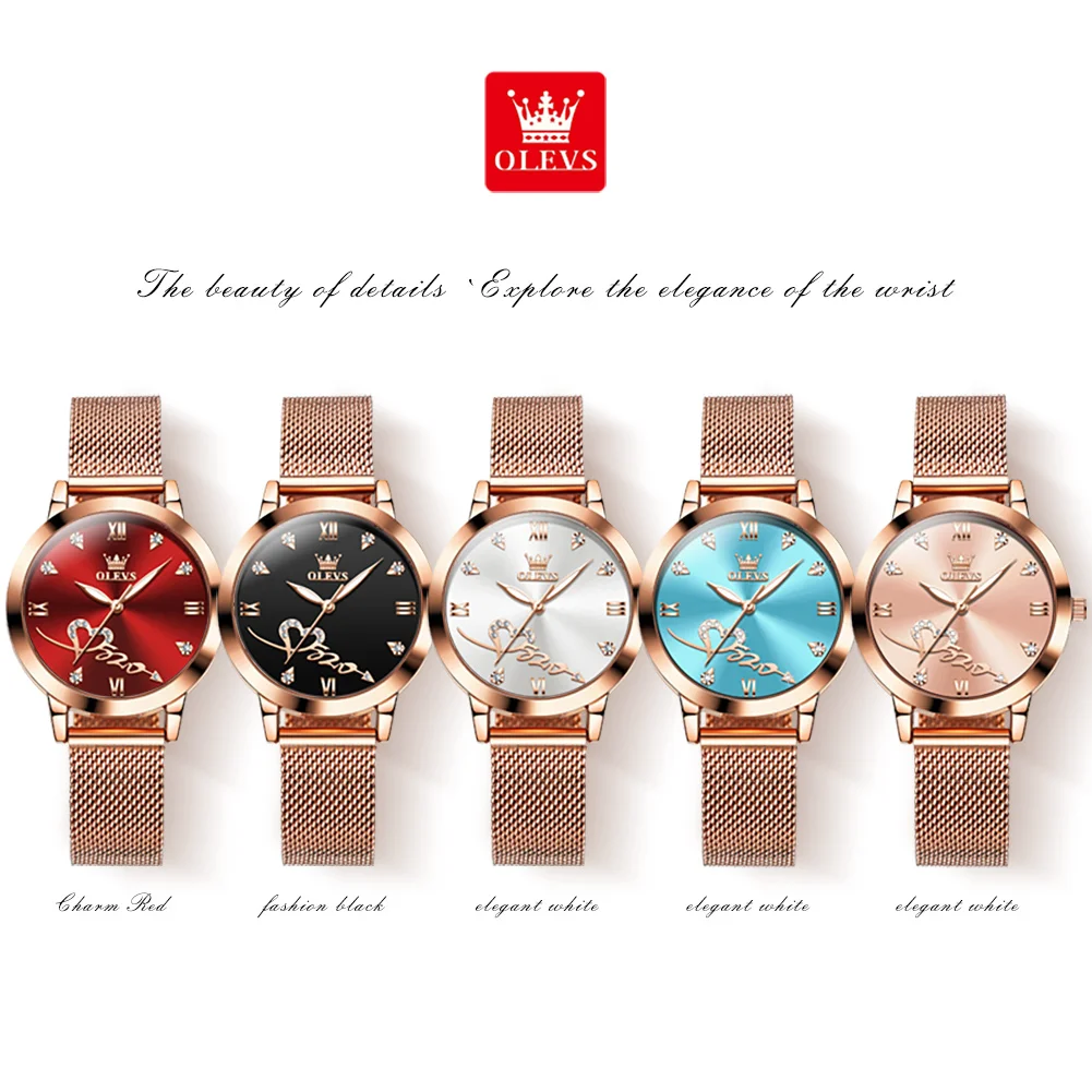 OLEVS Original Luxury Brand Women's Watches Waterproof Milanese Mesh Belt Quartz Watch Red Love Dial Elegant Lady Wristwatch