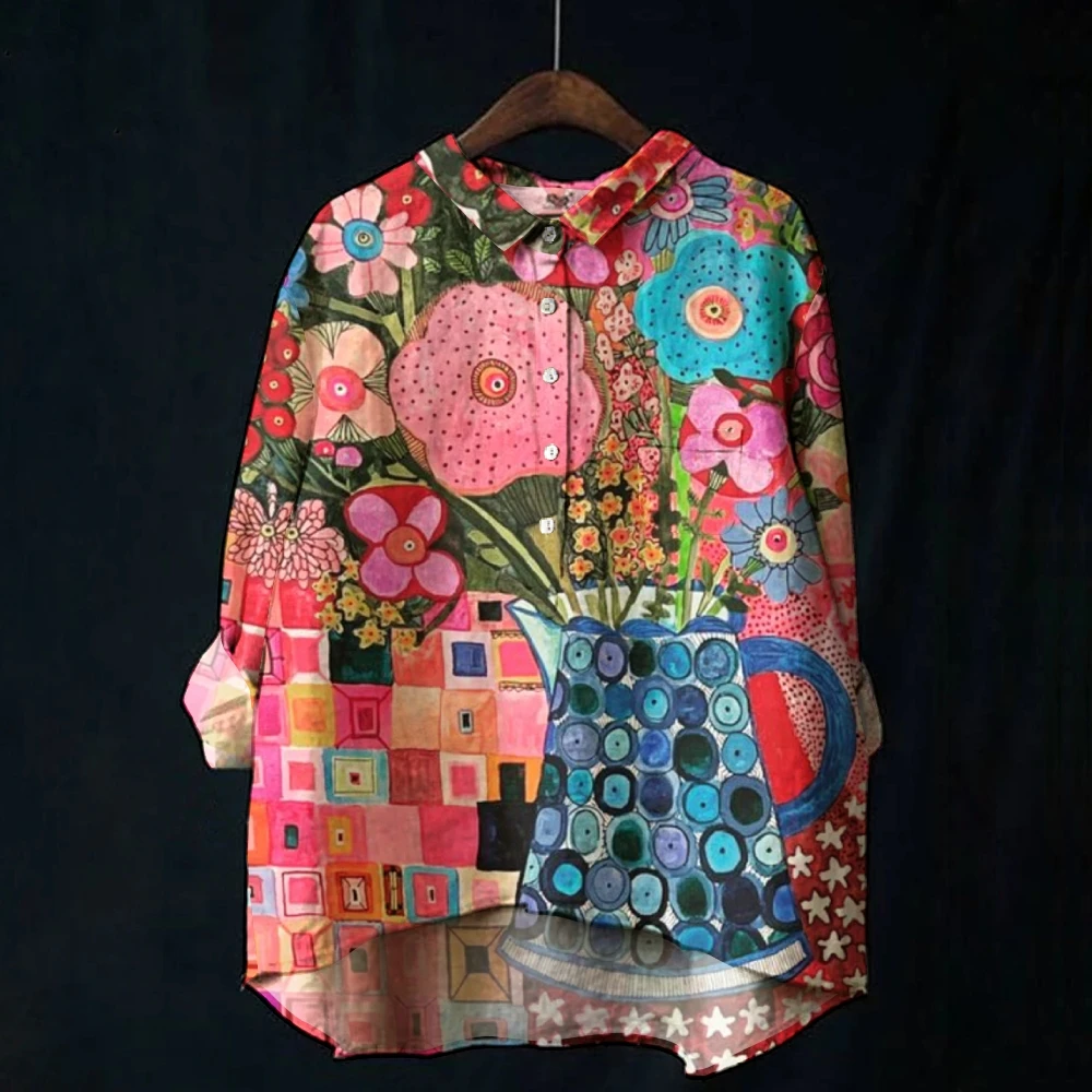 Artistic Flower Shirt Vibrant Multi-Color Geometric & Floral Blouse Chic Hand-Painted Flower Outfit Botanical Bliss Shirts