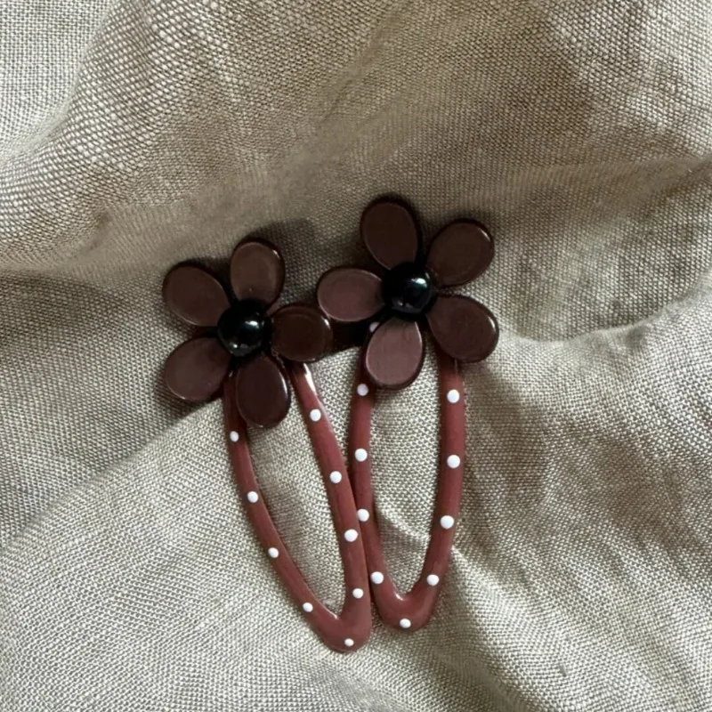 Vintage Caramel Floral Polka Dot Snap Clips, Delicate Texture Sweet Korean Style Barrettes, Versatile Daily Decor for Women