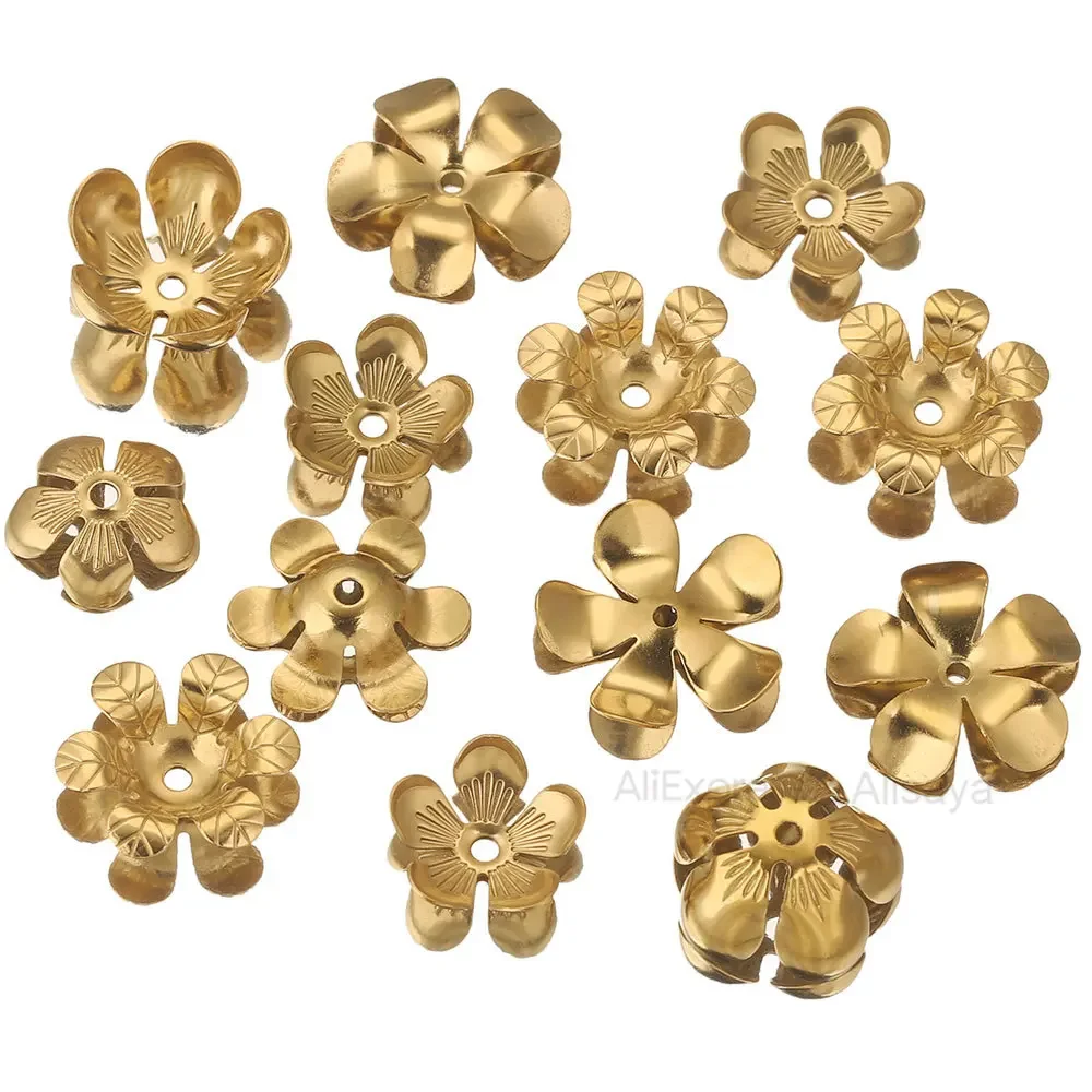 50pcs Stainless Steel Flower Spacer Gold Plated Round Beads Caps End Caps Tessal Needlework Jewelry Making Supplies Diy Findings