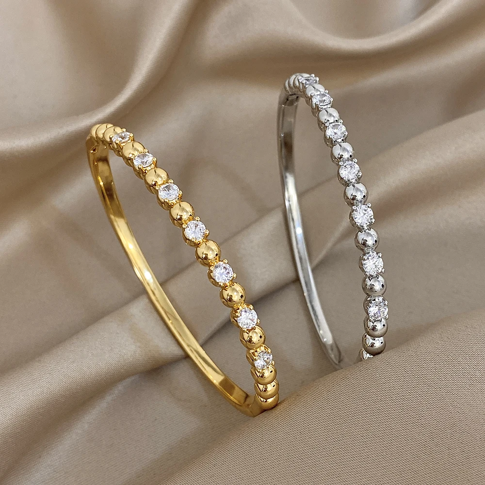 Exquisite Zirkon Perlen Patchwork Manschette Armreif Armbänder für Frauen Trendy Gold Überzogene Kupfer Schlank Handgelenk Armband Partei Schmuck