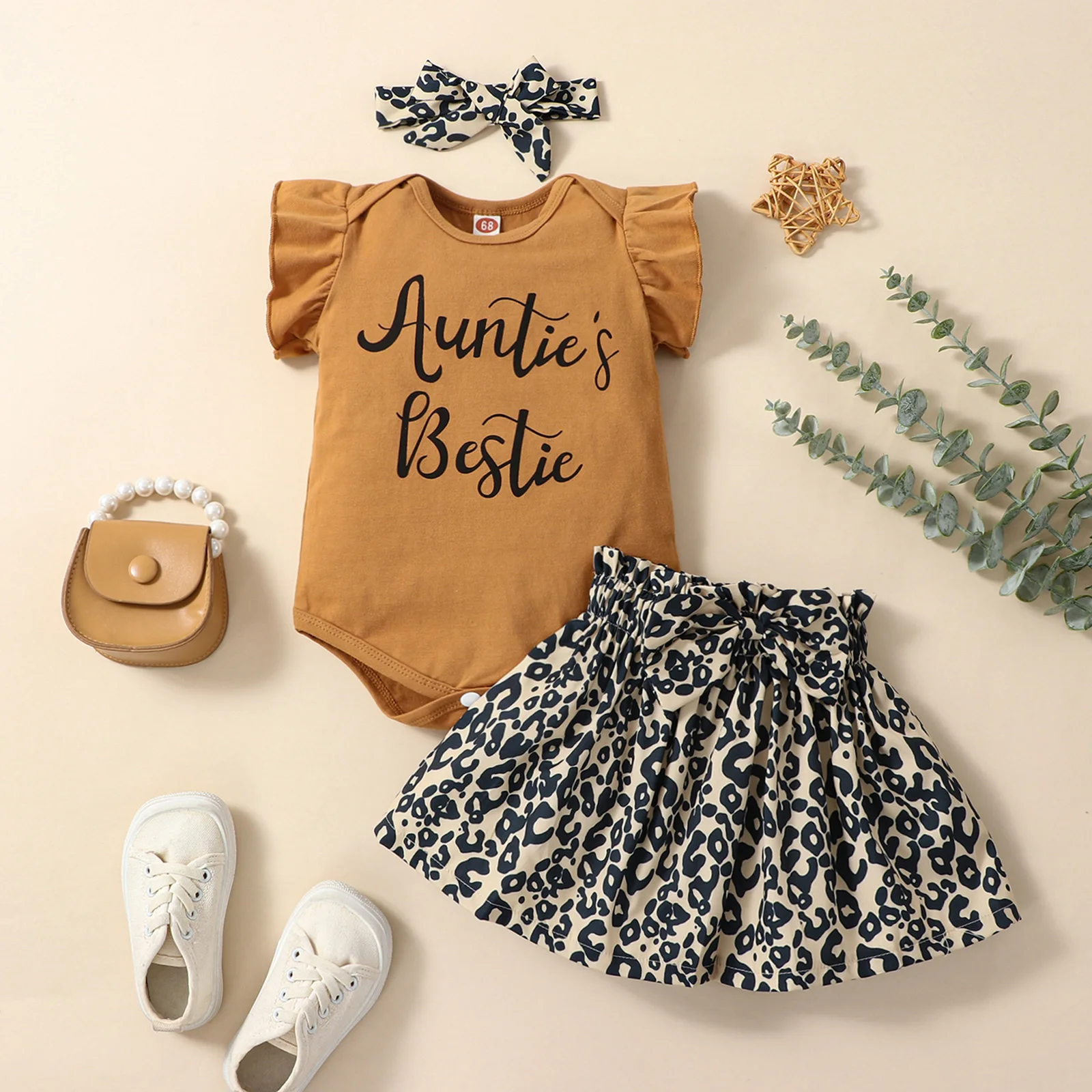 Baby Summer Clothing Newborn Infant Baby Girl Clothes Ruffled Sleeveless Jumpsuit+Leopard Skirt Headband 3Pcs Outfits