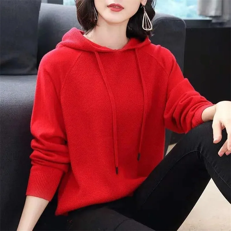 

Ladies Loose Hooded Knit Sweater Fashion Versatile Solid Knitted Sweater Spring Autumn Female Long Sleeved Pullover Jumper Full