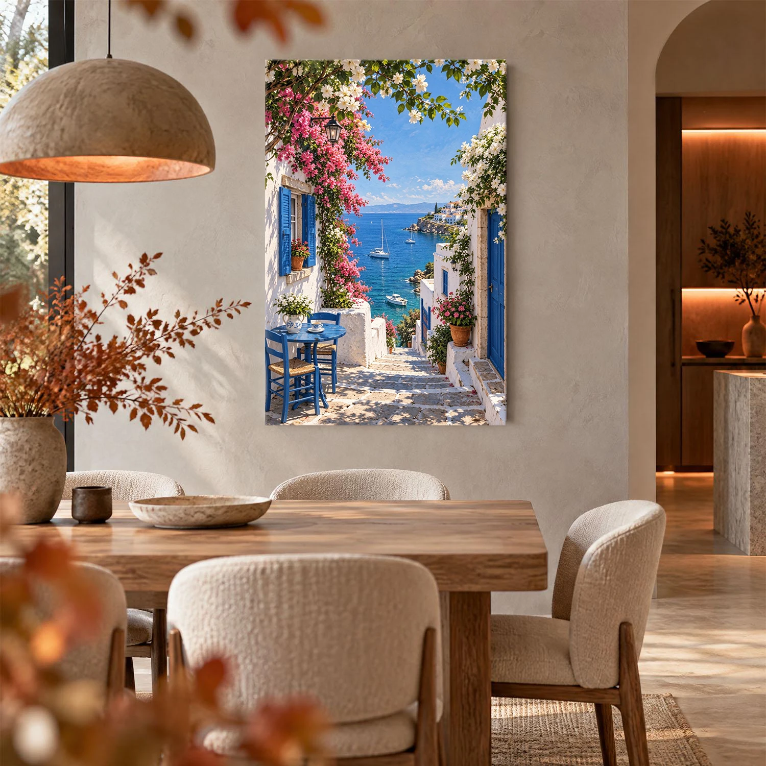 Greek Island Canvas Print, Mediterranean Coastal Wall Art, Aegean Village Floral Scenery Decor, Vibrant Blue Ocean View Artwork,