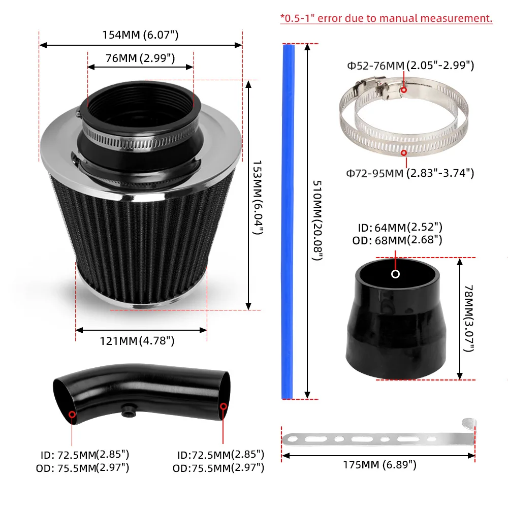 Yubao 76MM Universal Auto-Tuning Hochleistungs-Pilzkopf-Luftfilter Ansaugkit für Kfz-Teile Kaltluft-Aluminiumrohr-Kit – Detail 4