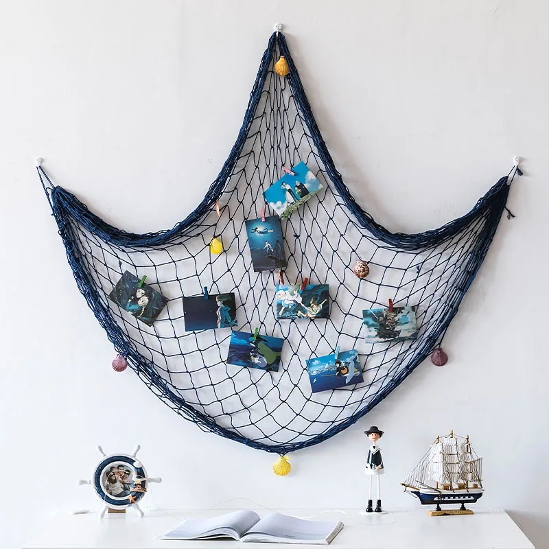 Decorative Fishing Net Wall Hanging with 12Shells Mediterranean Style DIY for Photos & Lights Cotton Rope Home Decor Beach Theme