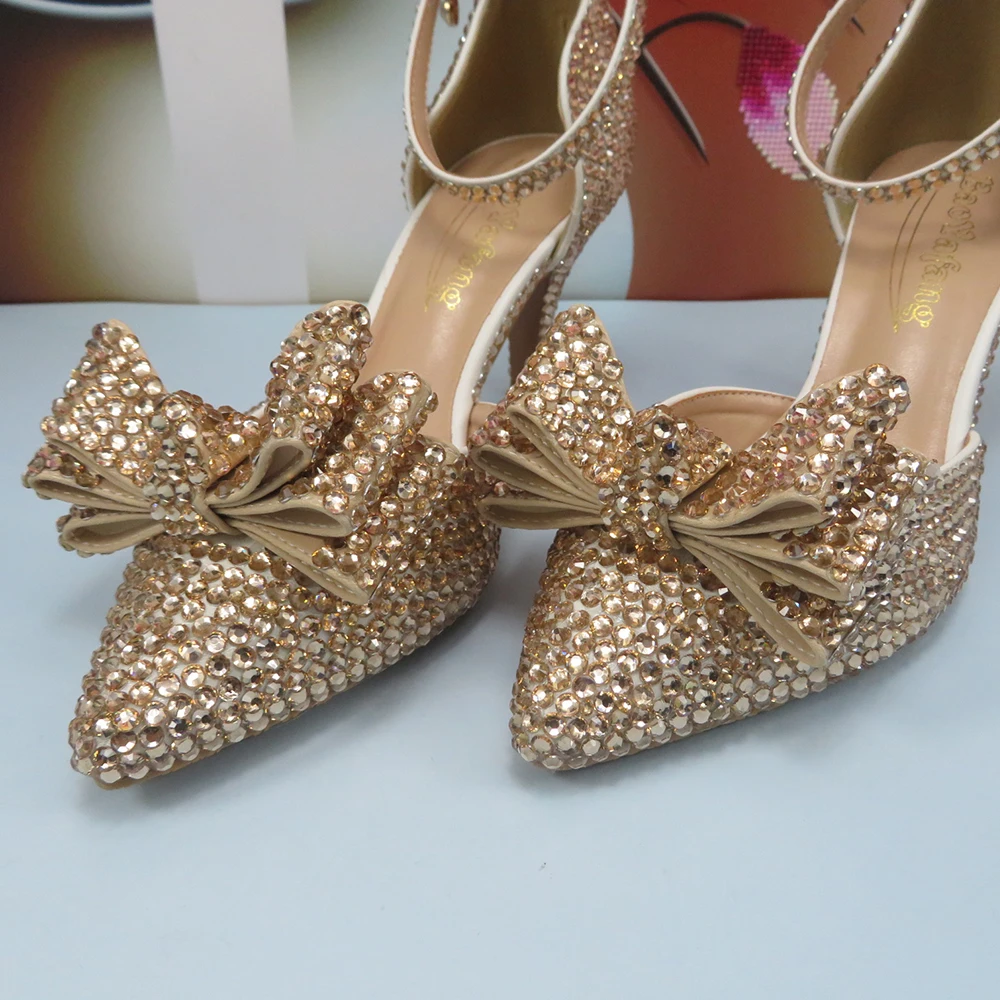 Champagne Gold Bridal Wedding Shoes and bag Women High Pumps Ankle Strap Thin Heel Party Shoes woman Slingbacks Bow-tie