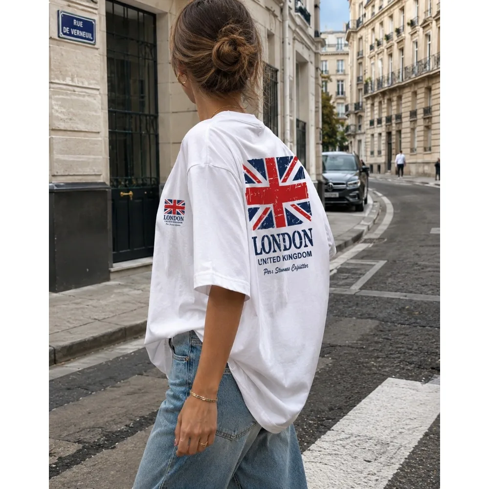 British Flag  London Graphic T-Shirt Union Jack Design with LONDON UNITED KINGDOM Text Short Sleeve Round Neck Casual Tee Trendy