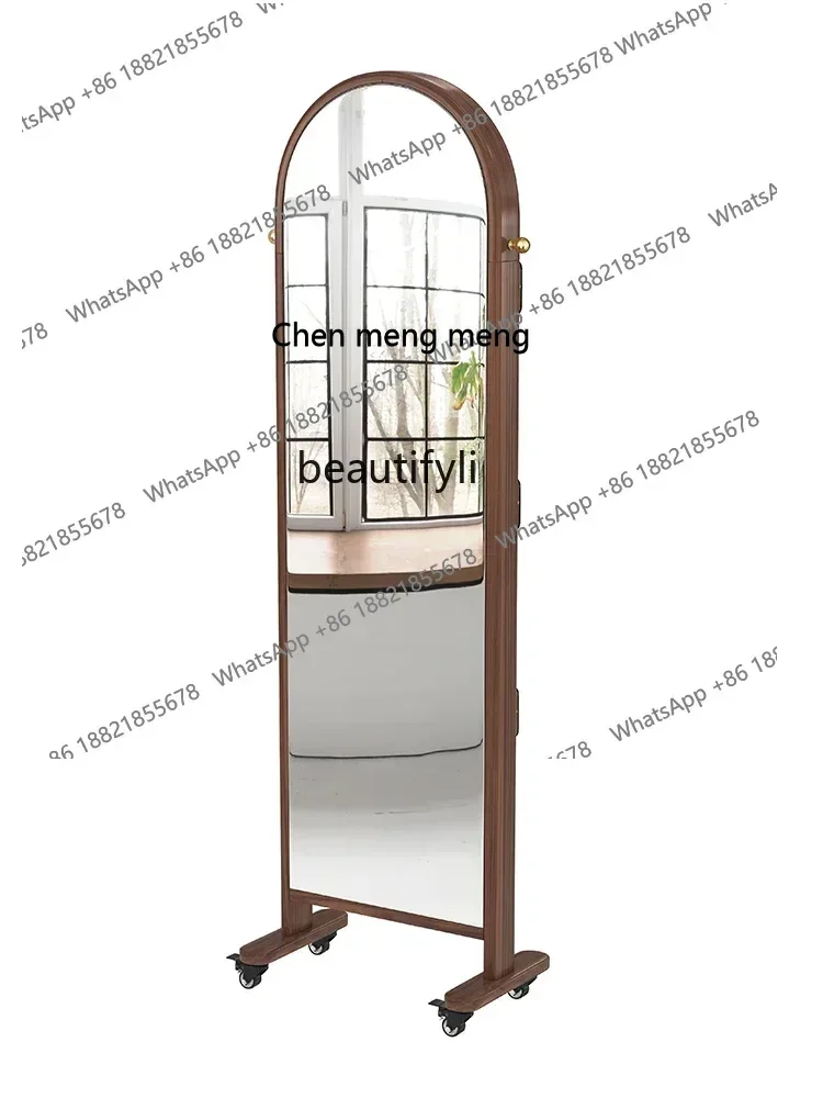New arrive Black walnut solid wood full-length mirror movable, full-length mirror landing, magazine rack, newspaper shelf
