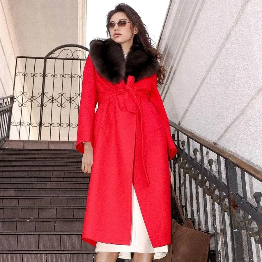 

Wool Fur Coats New Cashmere Coat Women Wool Blends Long Real Fox Fur Coats Red Winter Jacket 2024 High Quality New Arrivals