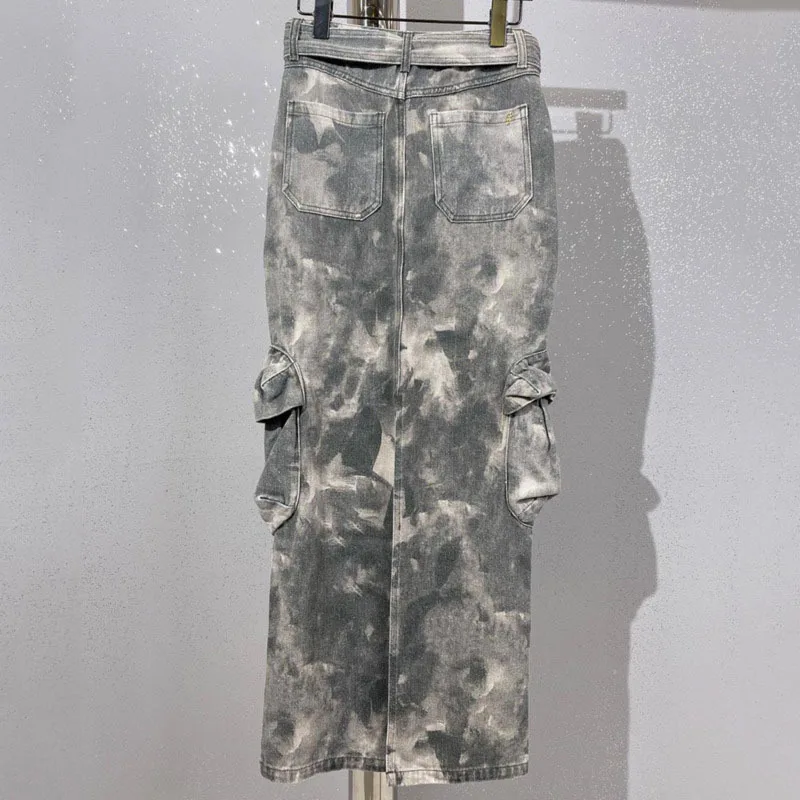 HKSH Primavera Estate Nuove donne Chic Vintage Streetwear Design originale Camouflage Multi-tasca Dritto Gonne di jeans lunghe HK5603