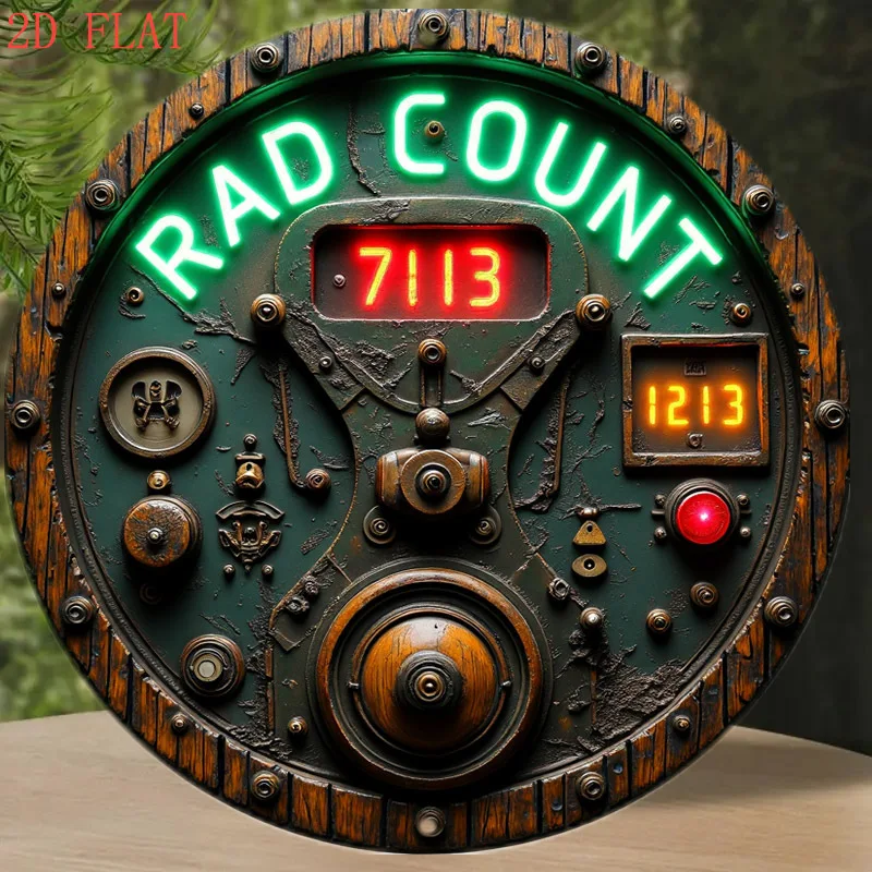 2D Flat 8.0 Inch Steampunk Radiation Counter Wall Art, Vintage Industrial Metal Decor with Neon Green Dial, Red Hands for Living