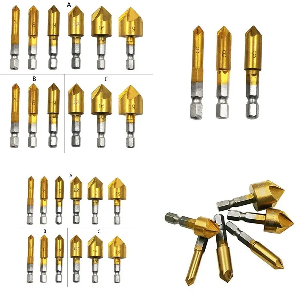 

Y1UD Hexagonal Shank Center 6mm-19mm Titanium-plated Five-blade Chamfering End Mill Cutter Drill Bit Woodworking