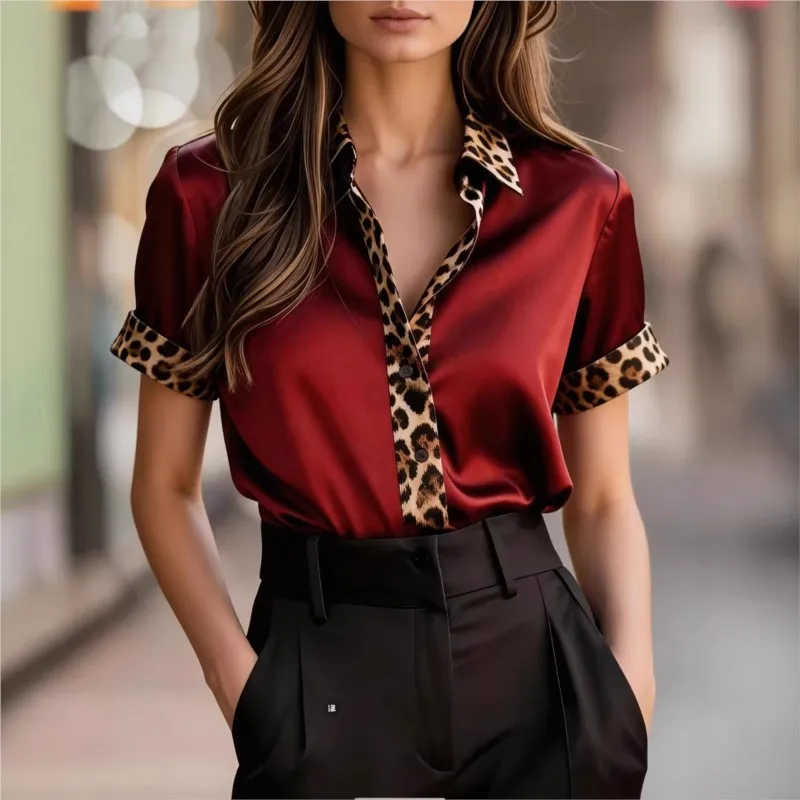 

Commute Business Satin Shirt Tops 2026 Single-button Blouses Patchwork Leopard Print Short Sleeved Solid color Pullover Tops