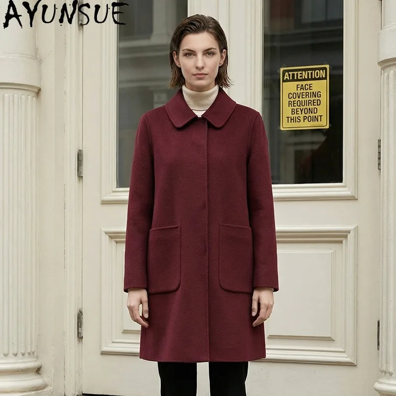 AYUNSUE Women's 100% Wool Coat Mid-length Lapel Double-sided Wool Jacket Fashion Loose Office Lady Outerwear Woman Clothes