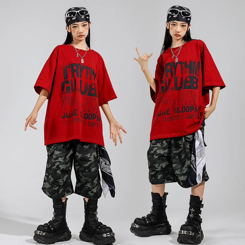 Ragazzi Hip Hop T-shirt allentata Pantaloncini mimetici Street Dance Ragazze K-pop Cargo Jogging Costume jazz Abbigliamento per bambini Set Kid Streetwear