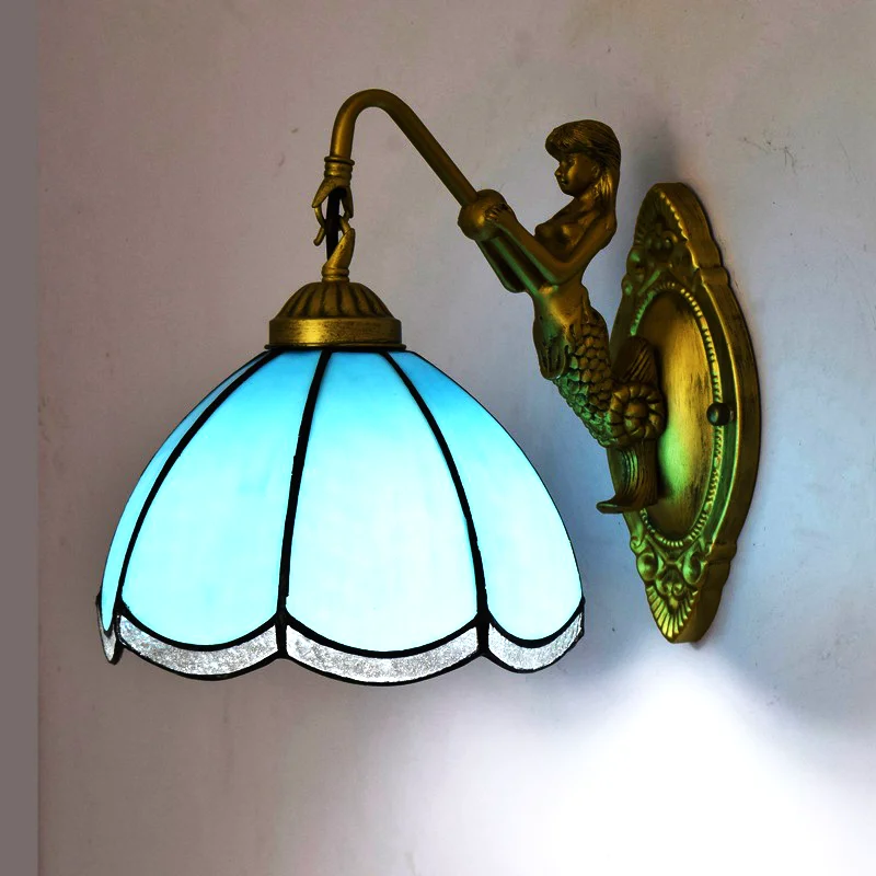 Tiffany Blue Mediterranean luminous interior lighting fixtures, vintage stained glass decoration, LED wall lights