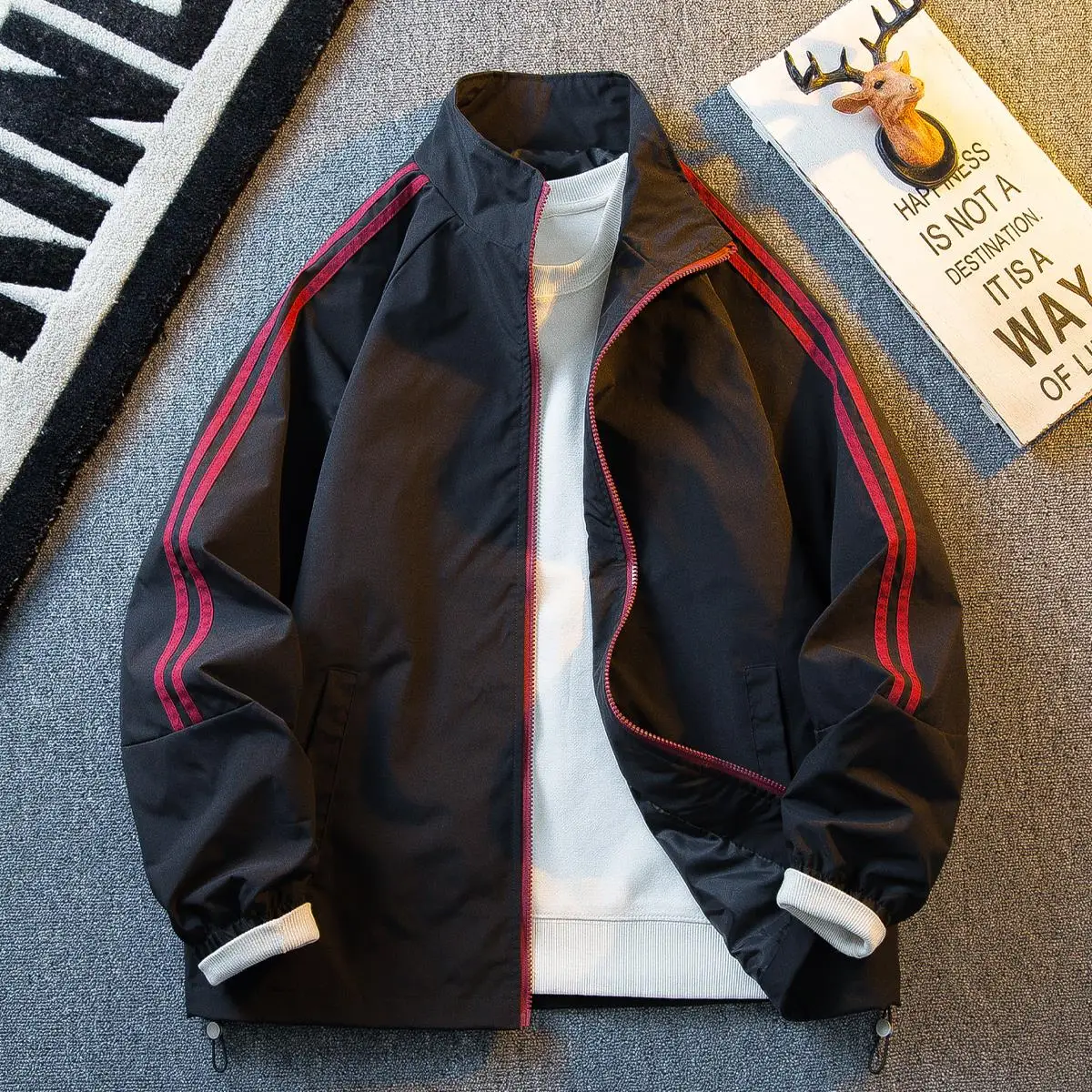 

Мужская куртка с американским полосатым воротником, весенне-осенняя повседневная свободная толстовка для пар, спортивная верхняя одежда, длинный свек из полиэстера